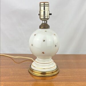 Vintage mid century modern atomic starburst white globe and brass boudoir lamp